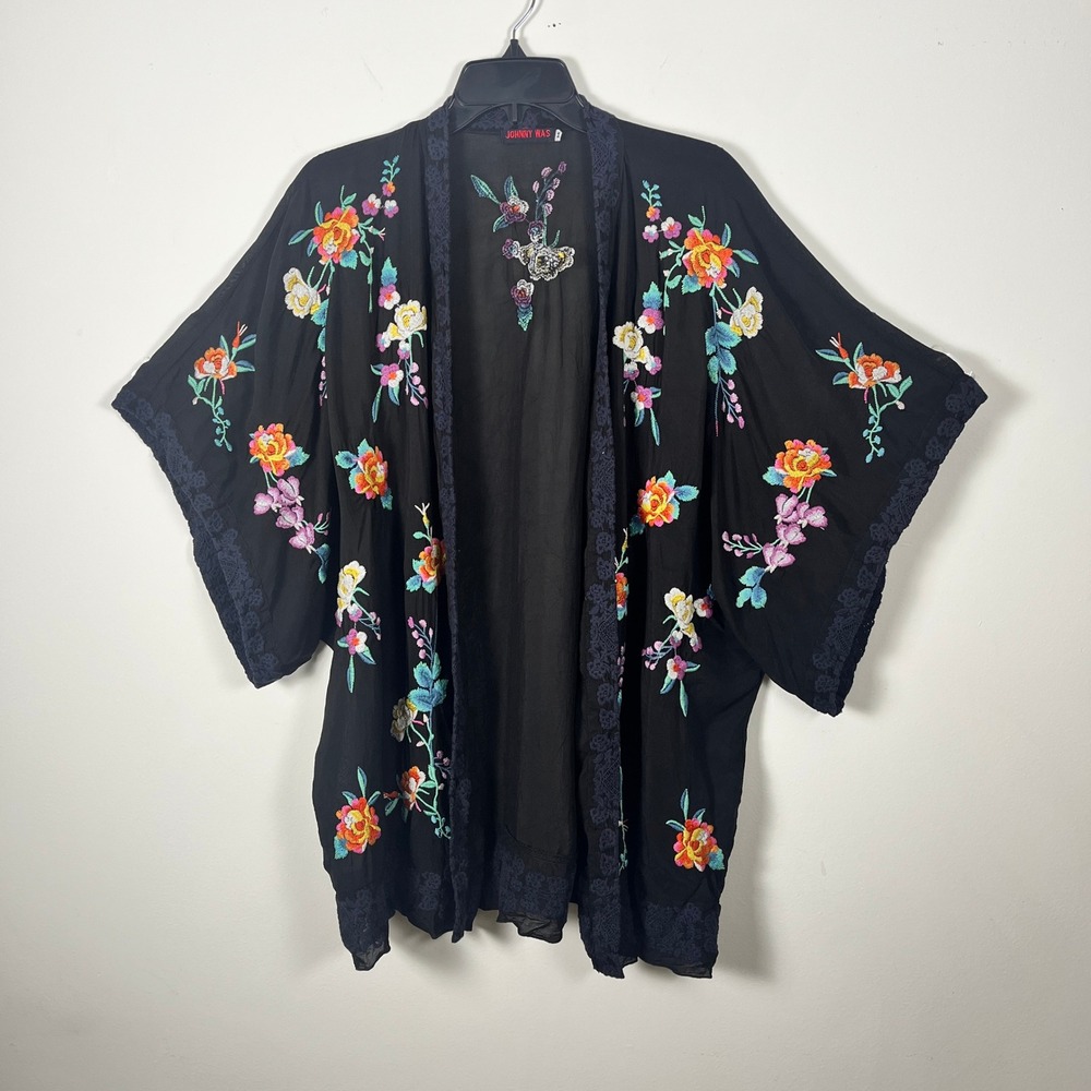 Johnny Was Kimono Cardigan Women Medium Black Embroidered Floral Lace Trim Boho
